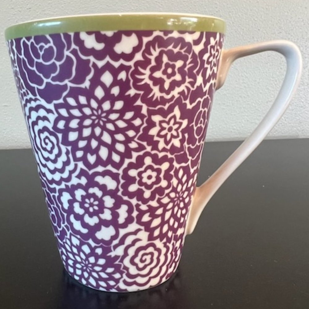 Cynthia Rowley New York Floral Mug Purple Green Ivory Ceramic Coffee Cup 14oz